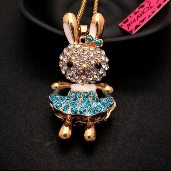 Cute Blue Crystal Bow Rabbit Skirt Pendant Necklace NWOT - Picture 1 of 4